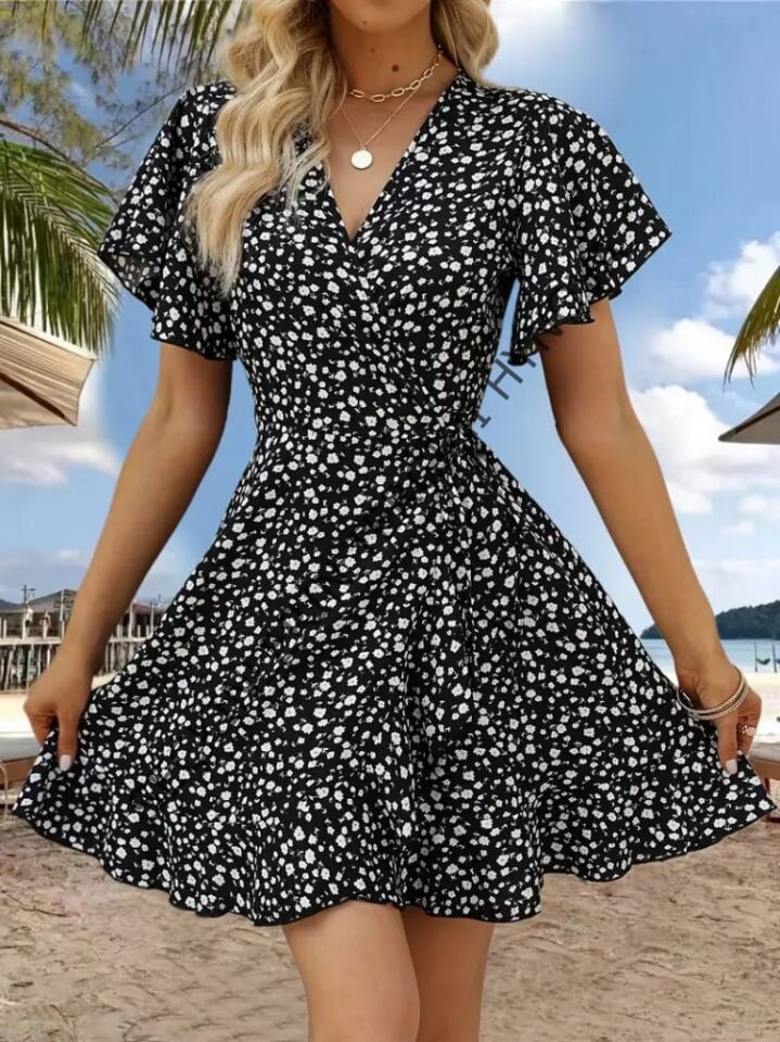 Kadın Kısa Kollu Kolu Ve Eteği Volanlı Fırfırlı çiçek Desenli Mini Elbise