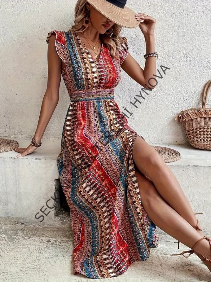 Kadın Kısa Kollu V Yakalı Desenli Yandan Yırtmaçlı Süprem Elbise