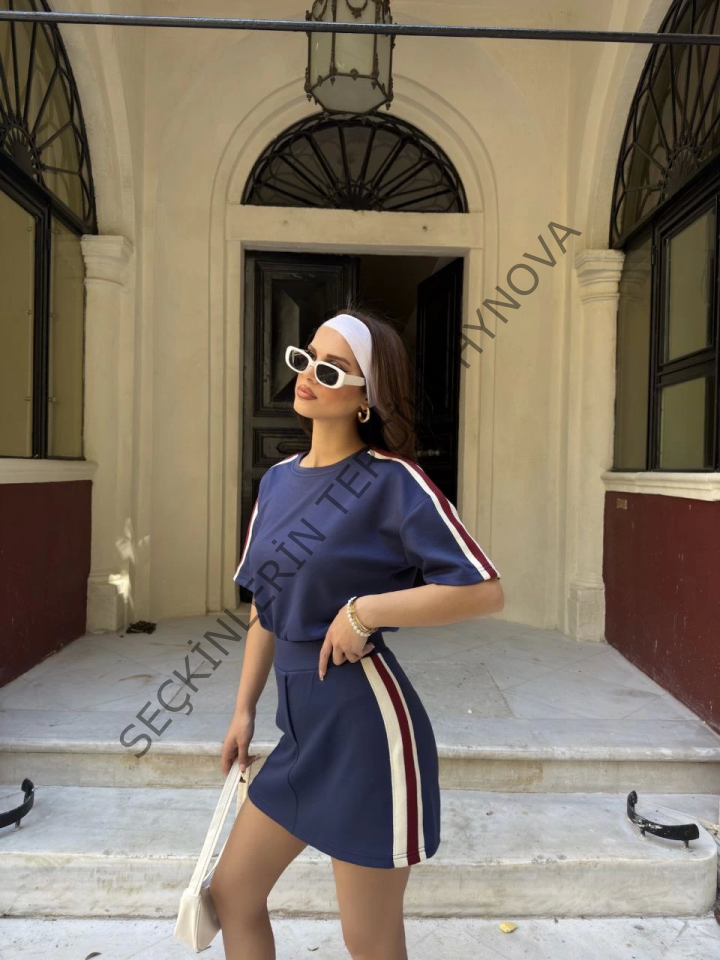 Osy Modal Yumuşak Dokulu Kumaş Parçalı Bisiklet Yaka T-shirt Mini Şortlu Etek İkili Takım -Lacivert