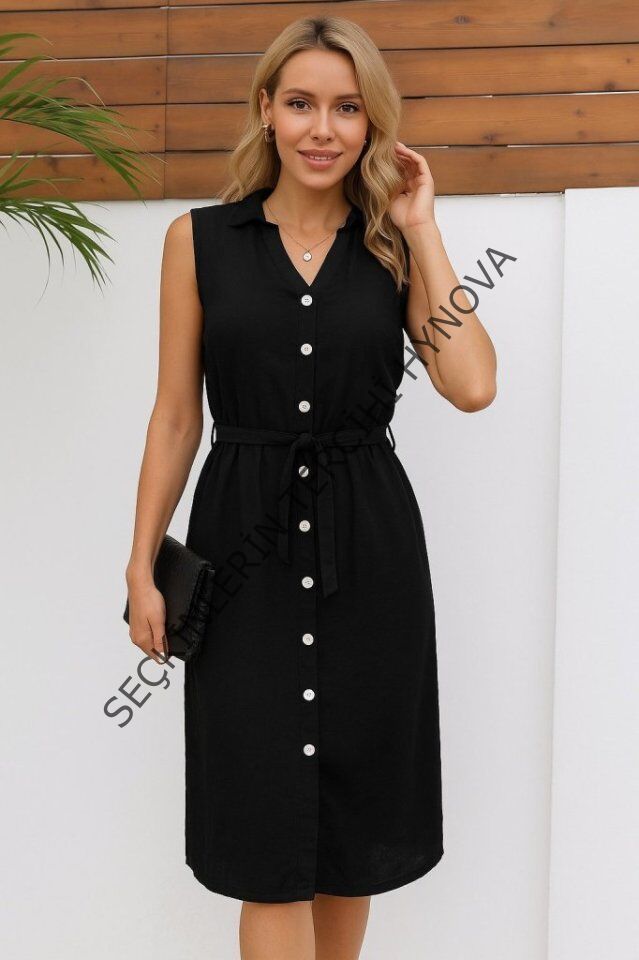 Kadın Sıfır Kollu Hakim Yaka önden Düğmeli Belden Kuşaklı Ithal Keten Elbise