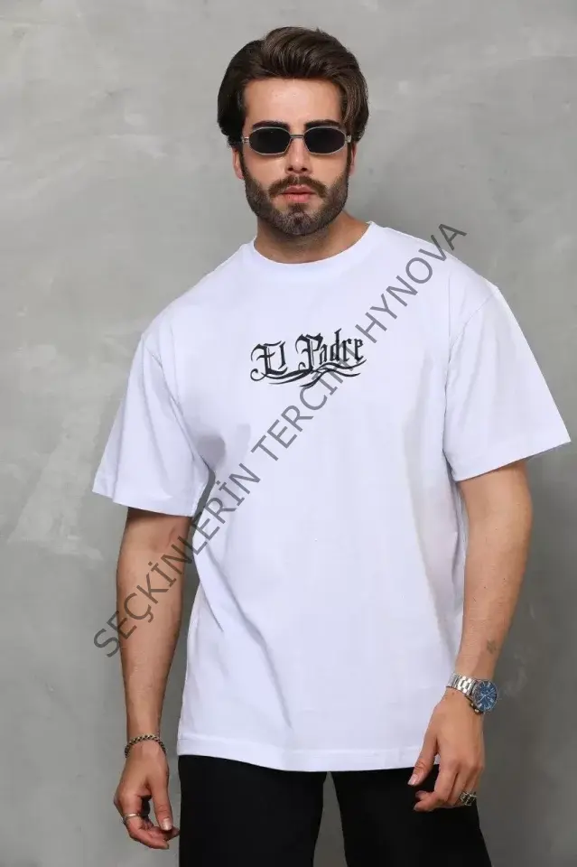 Unisex Bisiklet Yaka Baskılı Oversize T-Shirt - Beyaz