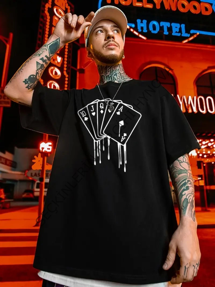 Erkek Büyük Beden Kart Baskılı Düz Renk Kısa Kollu Bisiklet Yaka Tişört Gündelik Giyim - Siyah