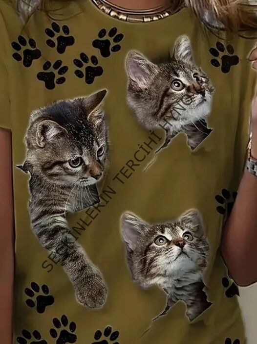 Kadın Kısa Kollu Kedi Ve Pati Baskılı Süprem T-shirt