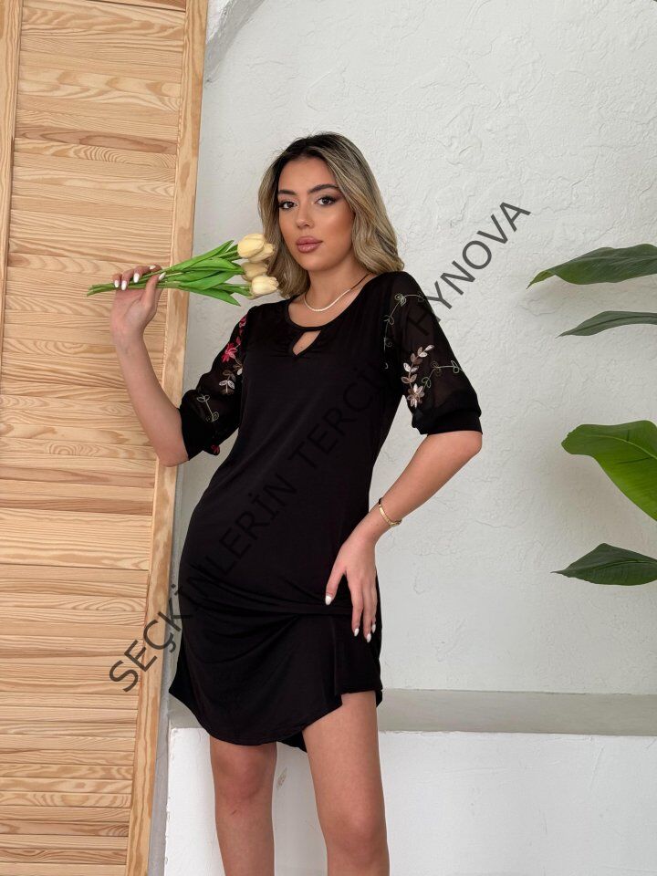 Kadın Truvakar Kol çiçek Desenli Tül Kol Bisiklet Yaka çiçek Desen Sandy Salaş Kısa Elbise