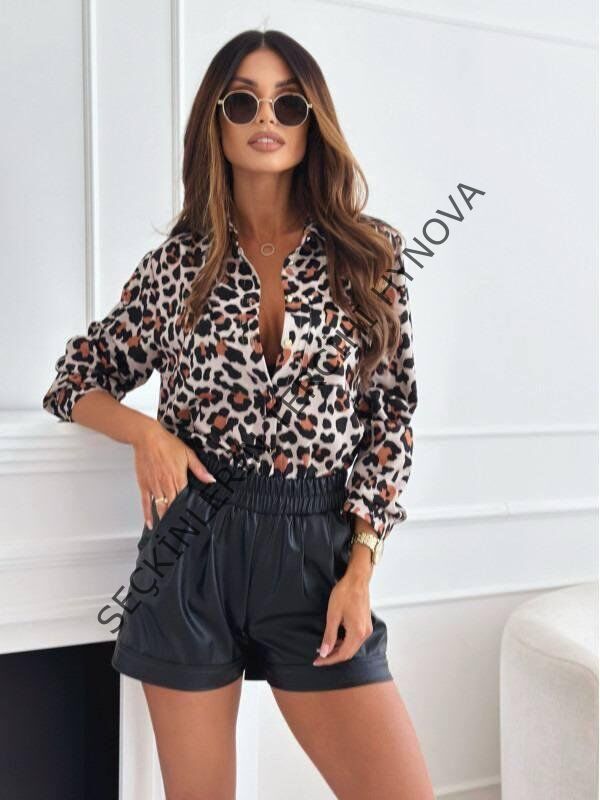 Kadın Uzun Kol Cep Detay Leopar Baskılı Mosskrep Kumaş Gömlek