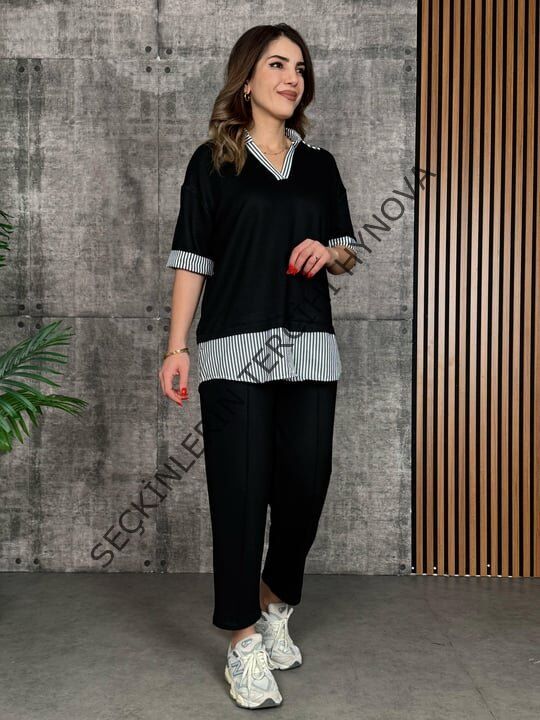 Kadın Modal Kumaş çizgili Gömlek Yaka Ikili Takım