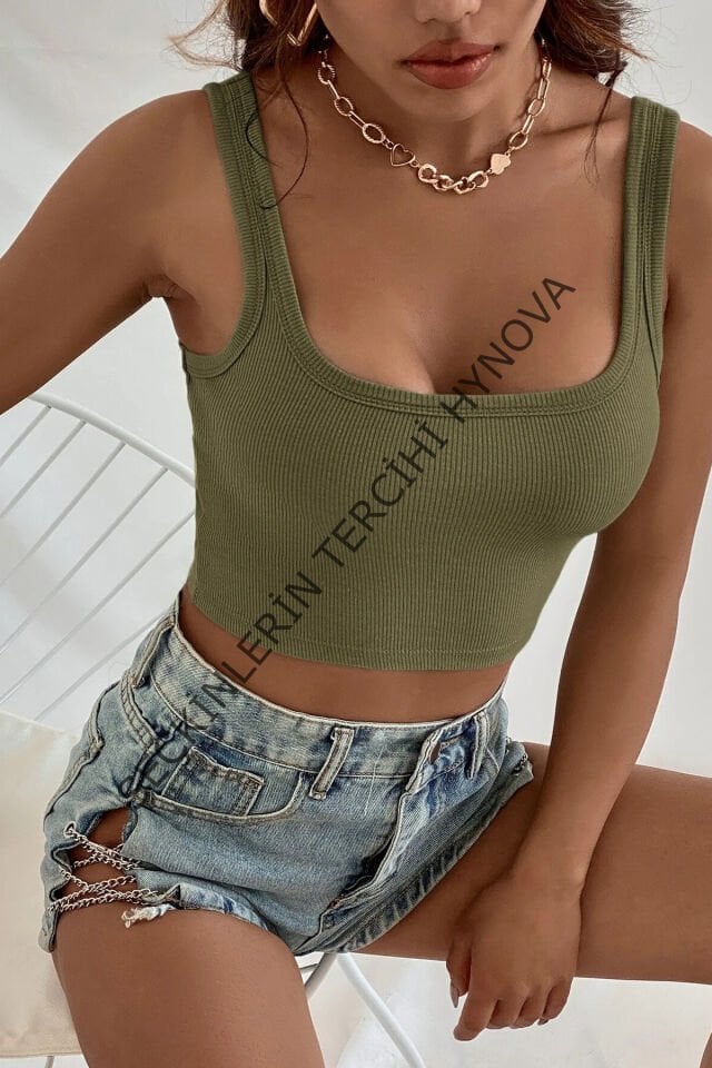 Kadın Haki Yeşili Kalın Askılı Crop Top Büstiyer – Modern ve Şık Tasarım