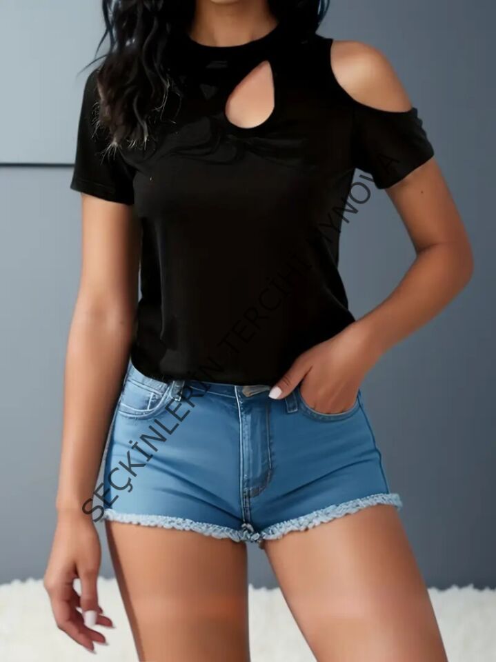 Kadın Kısa Kollu Tek Omuzu Açık Damla Detaylı Viskon Bluz