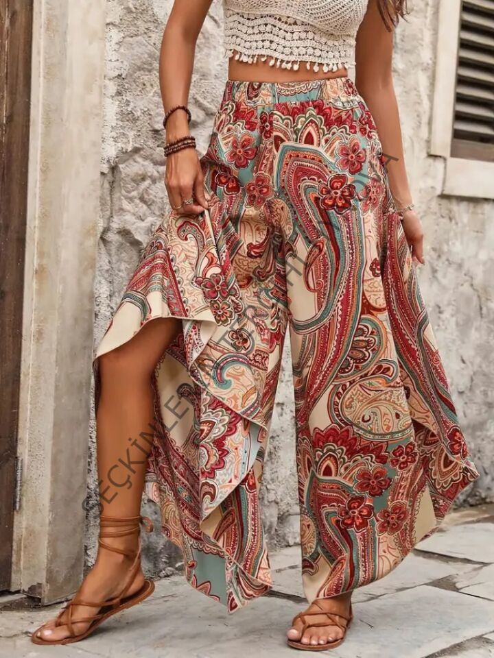 Kadın Yüksek Bel Beli Lastikli Desenli Geniş Paçalı Süprem Pantolon