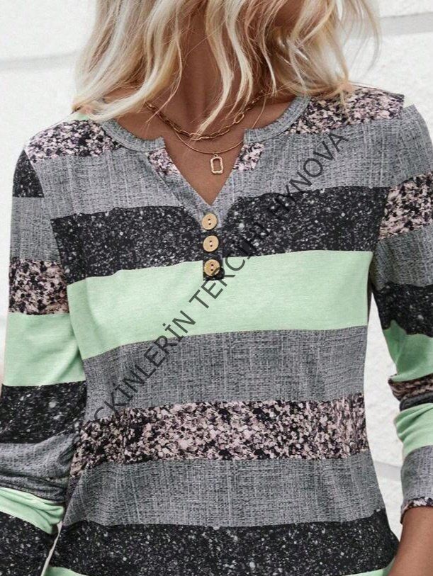 Kadın Uzun Kollu Yakadan Düğmeli çizgili Desenli Süprem Bluz