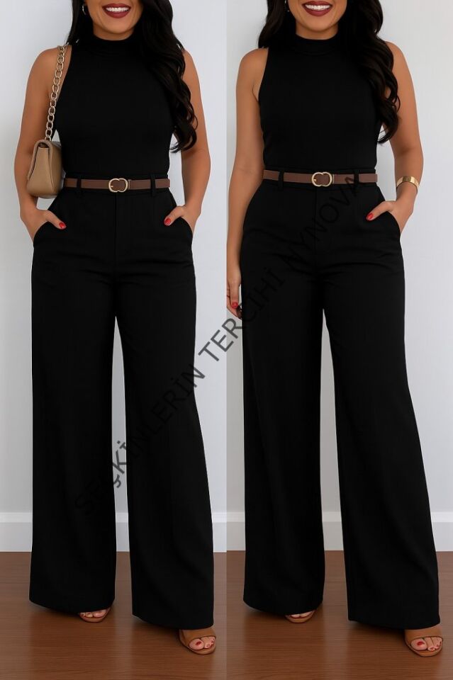 Kadın Yüksek Bel Geniş Paça Detaylı Cepli Ithal Krep Pantolon