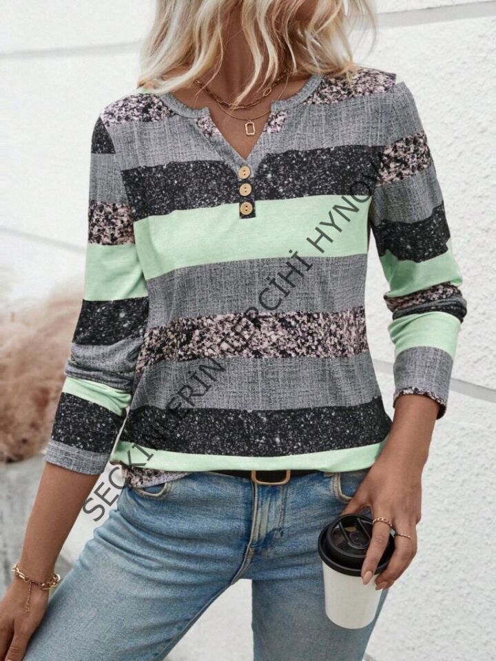 Kadın Uzun Kollu Yakadan Düğmeli çizgili Desenli Süprem Bluz