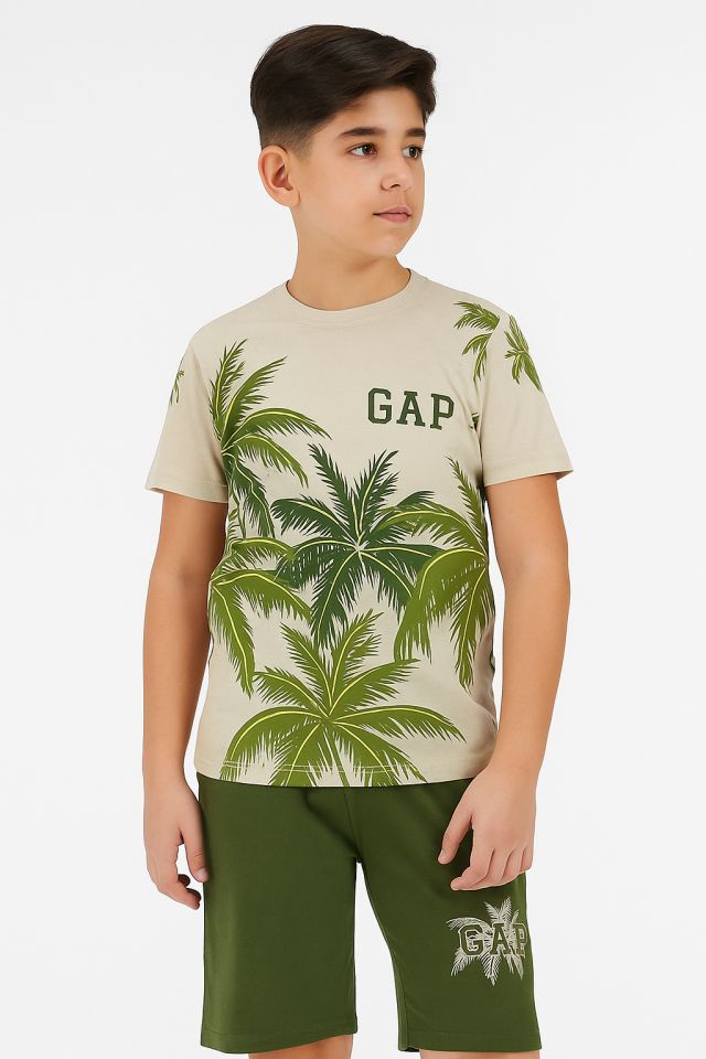8-13 Yaş Erkek Çocuk Yazlık Pamuk Şortlu Takım Palmiye Desenli Yeşil