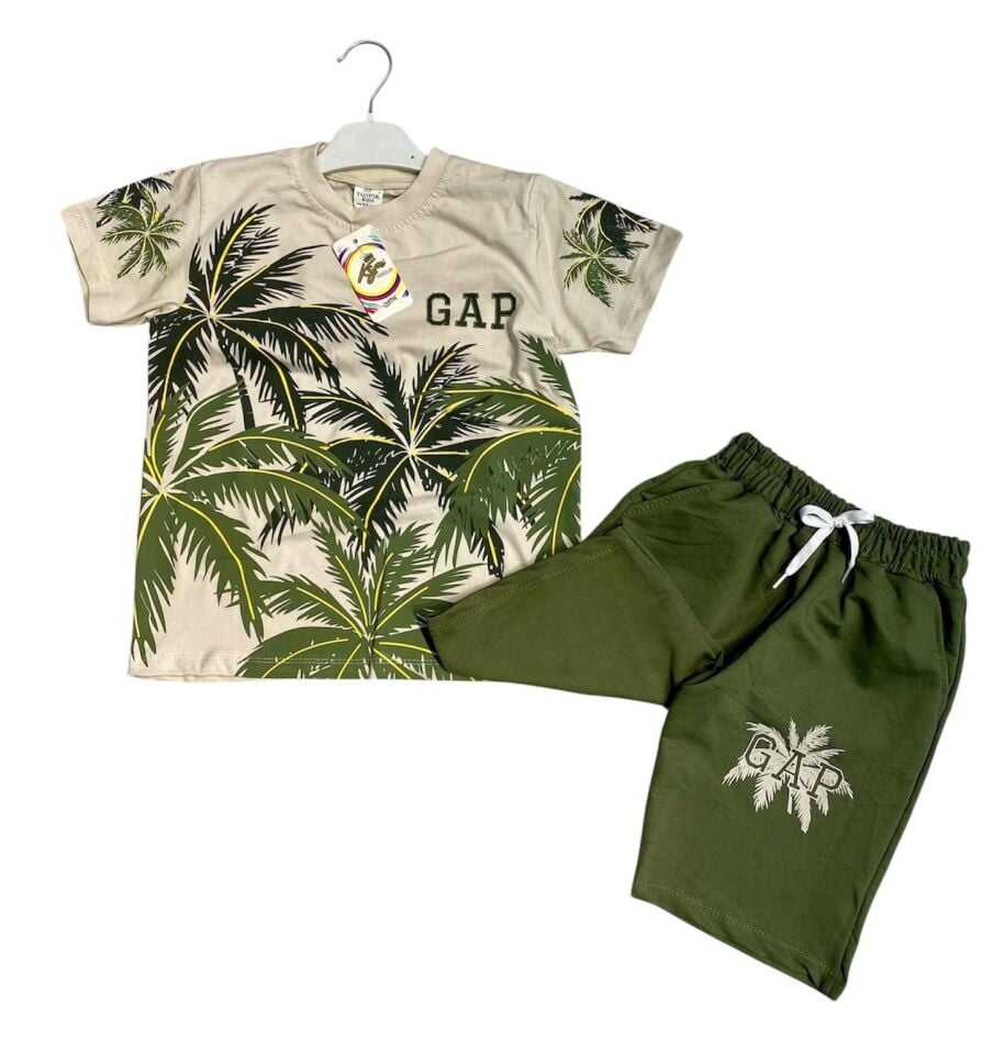 8-13 Yaş Erkek Çocuk Yazlık Pamuk Şortlu Takım Palmiye Desenli Yeşil