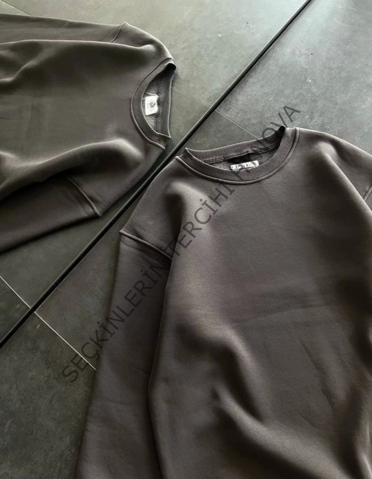 Kışlık Bisiklet Yaka Üç İplik Basic SweatShirt - Füme