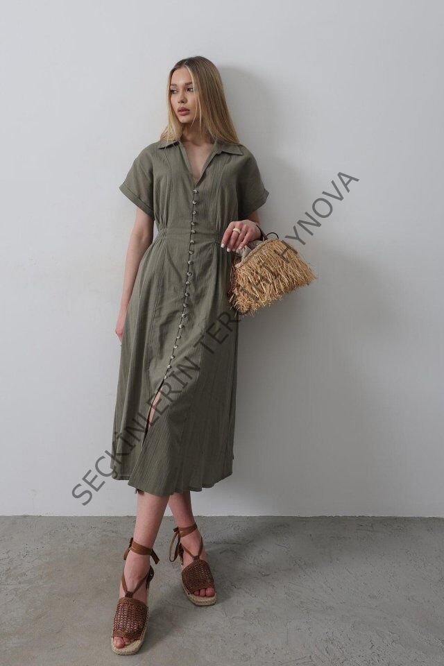 Önü Düğmeli Kısa Kol Elbise - Haki