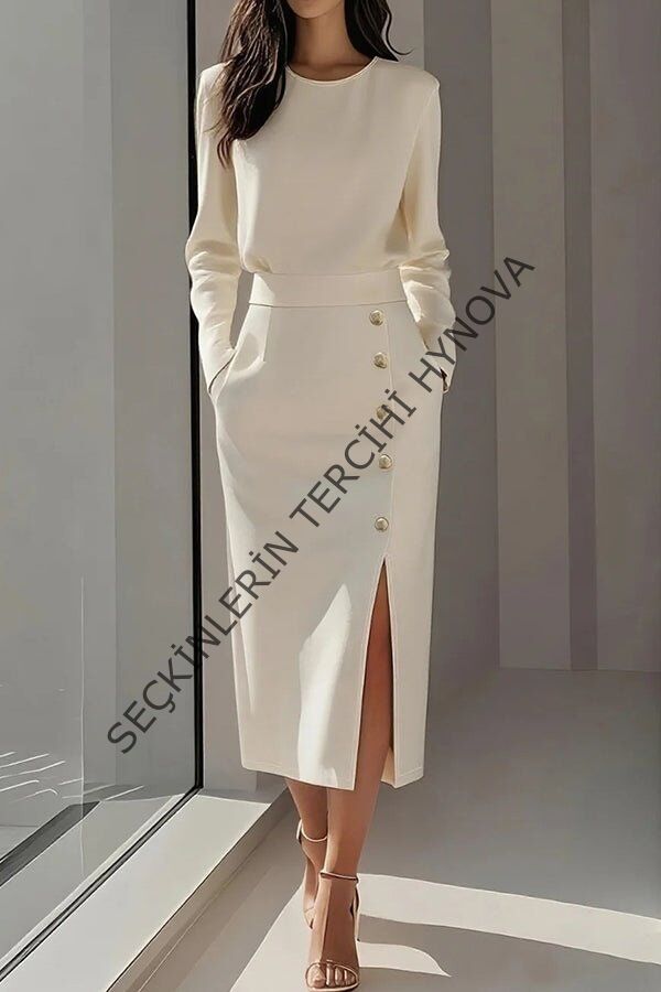 Kadın Uzun Kollu Bisiklet Yakalı Yandan Yırtmaçlı Düğmeli Midi Ithal Krep Elbise