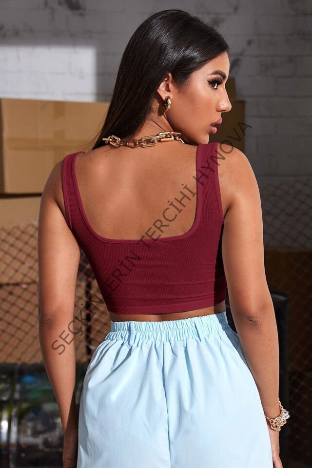 Kadın Bordo Kalın Askılı Crop Top Büstiyer – Modern ve Şık Tasarım