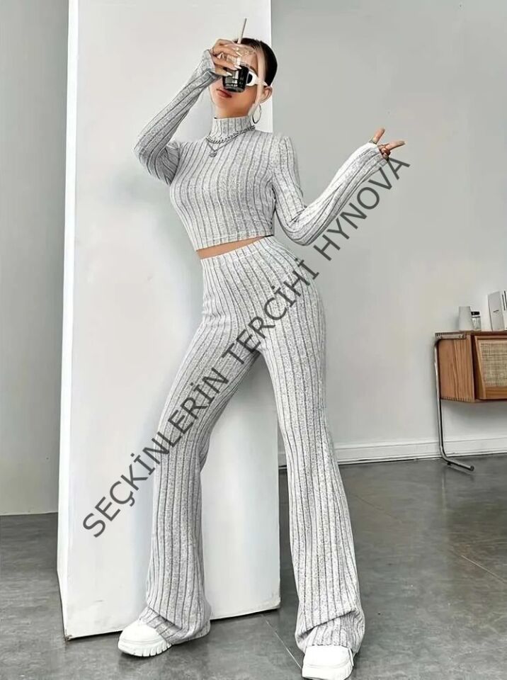 Kadın Uzun Kollu Balıkçı Yaka Krop Ve Pantolon şardonlu Kaşkorse Ikili Takım