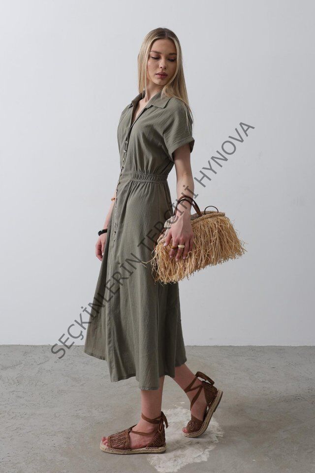 Önü Düğmeli Kısa Kol Elbise - Haki