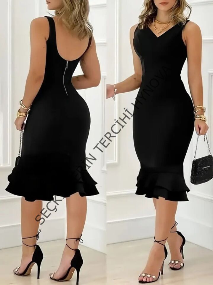 Kadın Askılı V Yaka Arkadan Fermuarlı Dalgıç Elbise