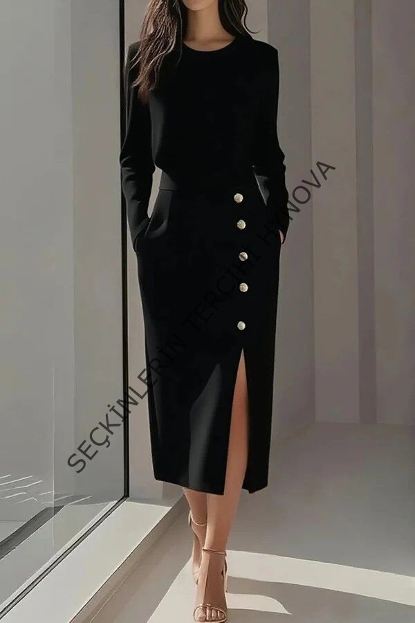 Kadın Uzun Kollu Bisiklet Yakalı Yandan Yırtmaçlı Düğmeli Midi Ithal Krep Elbise