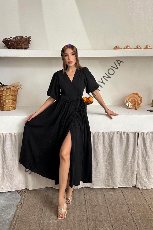 Siyah Müslin Uzun Elbise