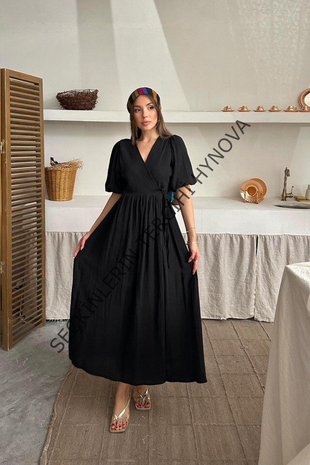 Siyah Müslin Uzun Elbise