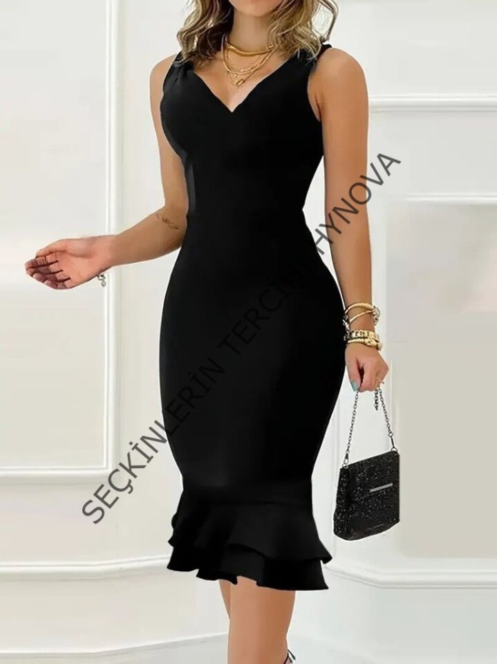 Kadın Askılı V Yaka Arkadan Fermuarlı Dalgıç Elbise