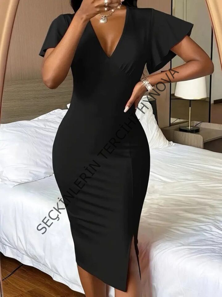 Kadın Kısa Kollu Derin Dekolte V Yakalı Yırtmaçlı Midi Janjan Krep Elbise