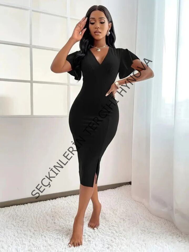 Kadın Kısa Kollu Derin Dekolte V Yakalı Yırtmaçlı Midi Janjan Krep Elbise