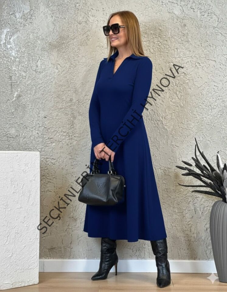 Kadın Uzun Kollu Yakalı Midi Viskon Iki Iplik Elbise