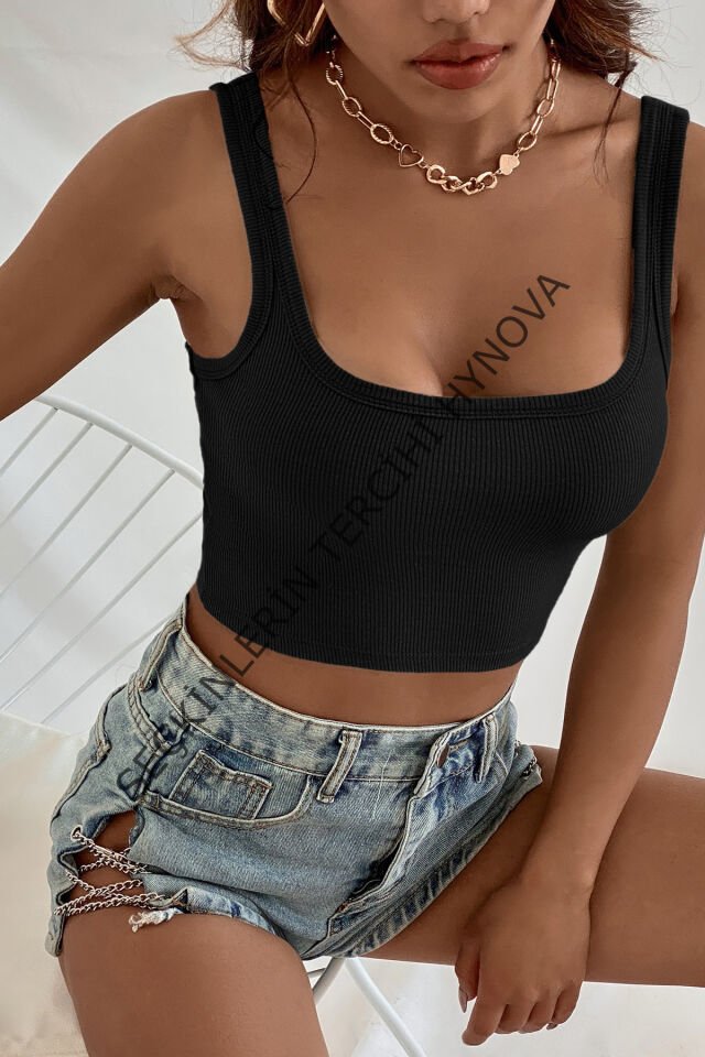 Kadın Siyah Kalın Askılı Crop Top Büstiyer – Modern ve Şık Tasarım