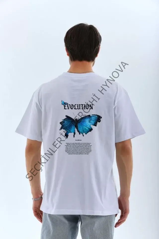 Unisex Bisiklet Yaka Baskılı Oversize T-Shirt - Beyaz