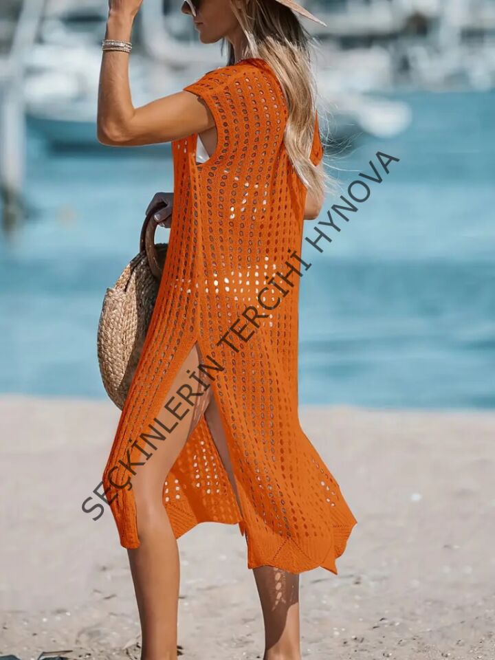 Kadın V Yaka Yanı Derin Yırtmaçlı Mi Boy Triko Elbise