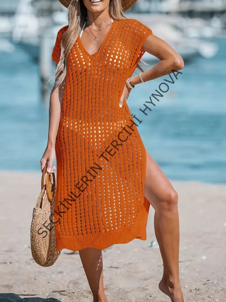 Kadın V Yaka Yanı Derin Yırtmaçlı Mi Boy Triko Elbise