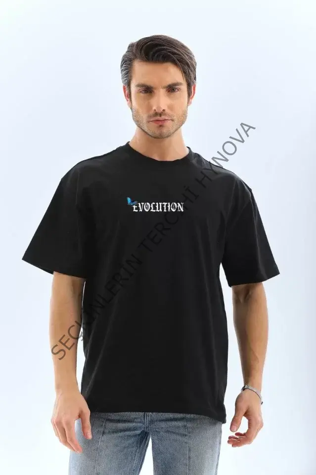 Unisex Bisiklet Yaka Baskılı Oversize T-Shirt - Siyah