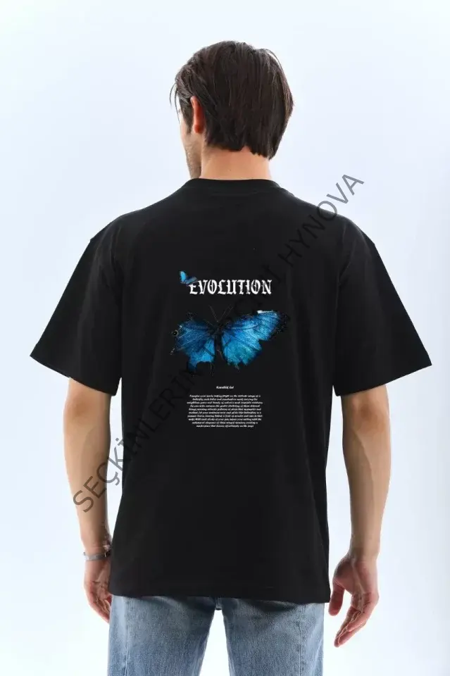 Unisex Bisiklet Yaka Baskılı Oversize T-Shirt - Siyah