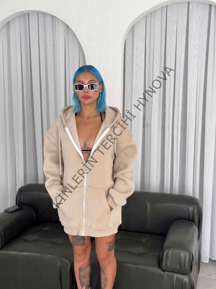 Oversize Tam Fermuarlı Uzun Kol Hırka - Bej