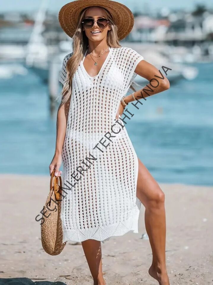 Kadın V Yaka Yanı Derin Yırtmaçlı Mi Boy Triko Elbise