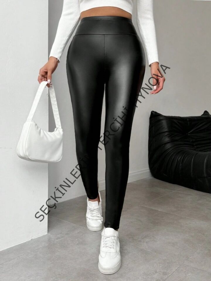 Kadın Yüksek Bel şardonlu Parlak Deri Tayt