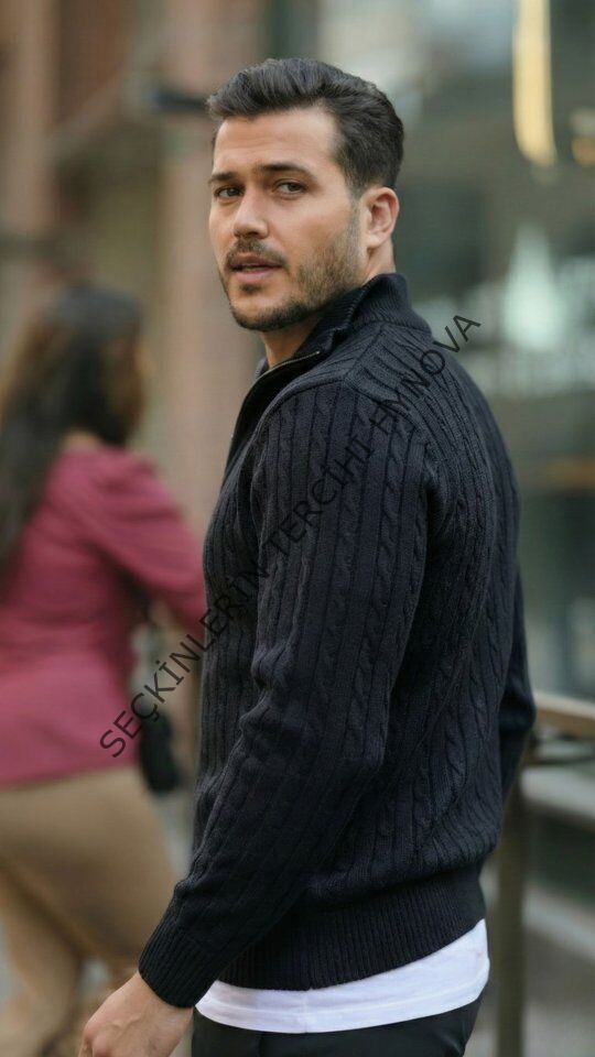 Erkek Örgü Desen Zip Yaka Triko