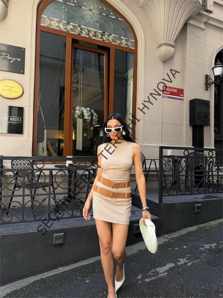 POLYVİSCON ÇİFT KEMER DETAYLI ELBİSE - Bej