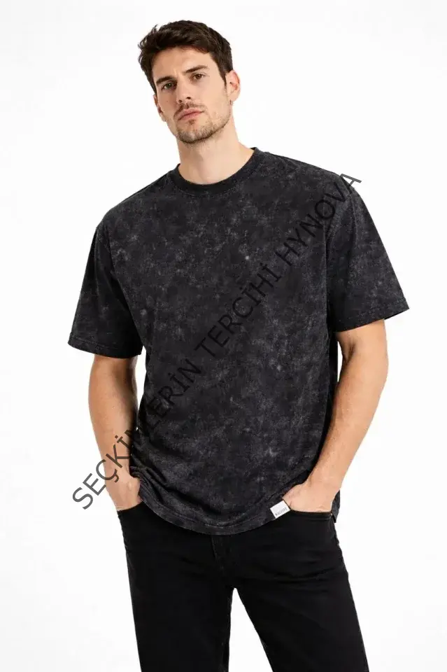 Erkek Asit Yıkama Bisiklet Yaka Kısa Kollu Oversize T-Shirt Tişört - Siyah