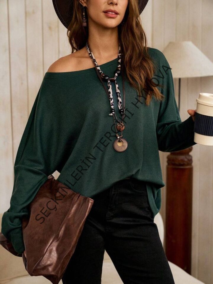 Kadın Tek Omuzdan Açık Yarasa Kollu Waffle Bluz