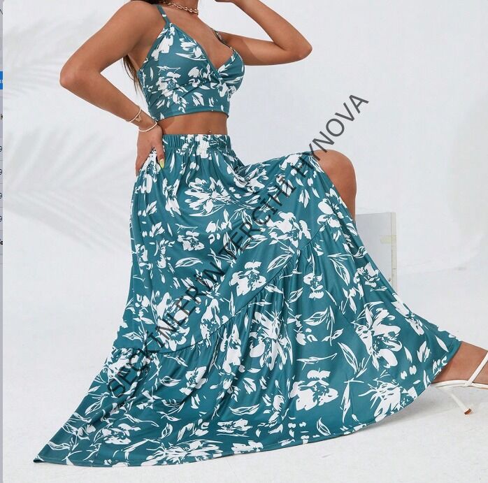 Kadın Ince Askılı çiçek Baskı Desenli Crop Yırtmaçlı Etek Ikili Süprem Takım