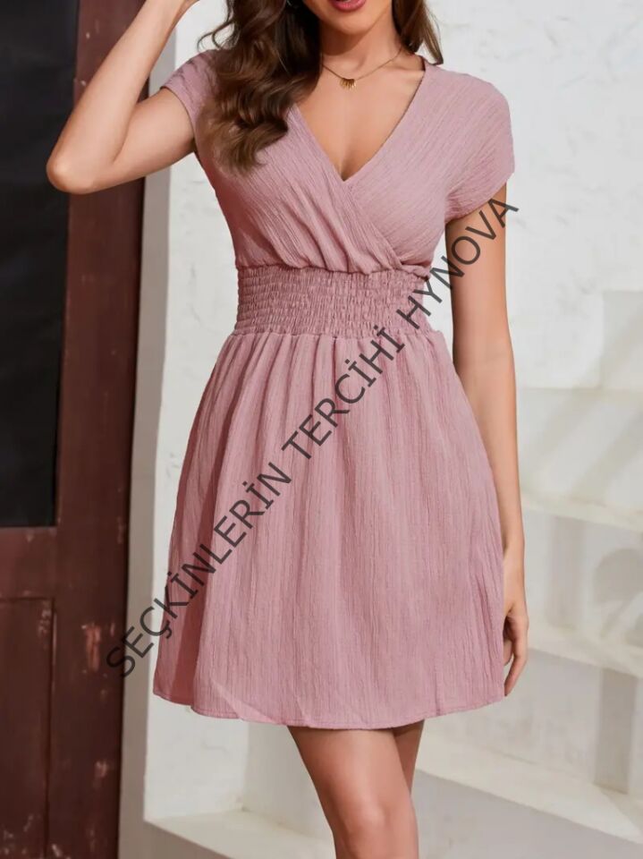 Kadın Kısa Kollu Kruvaze Yaka Beli Gipeli Bürümcük Elbise