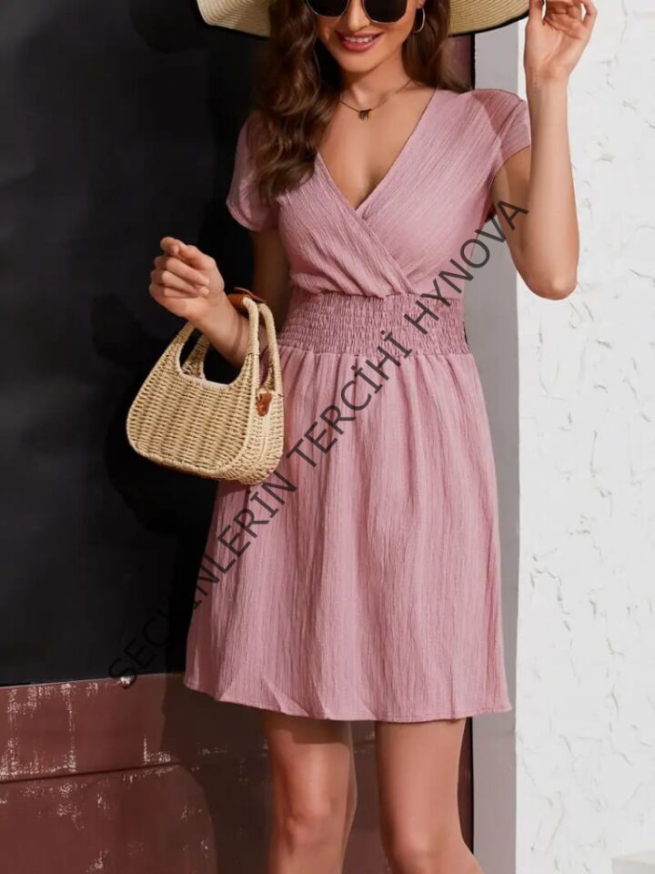 Kadın Kısa Kollu Kruvaze Yaka Beli Gipeli Bürümcük Elbise