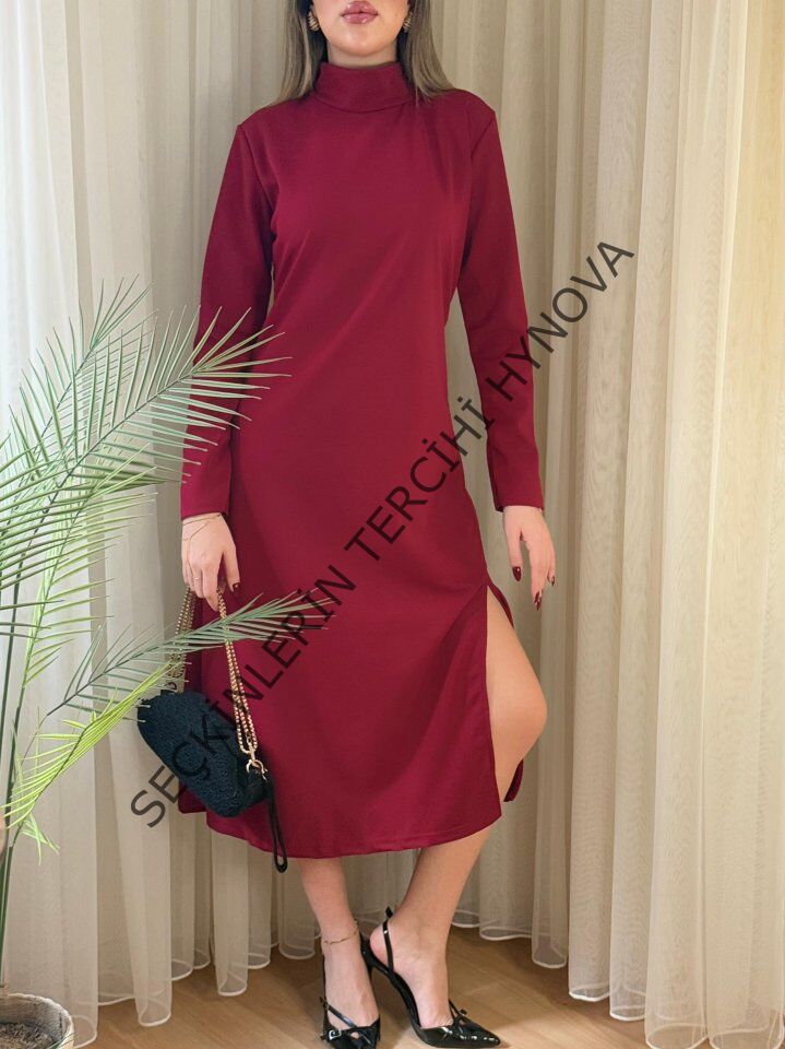 Kadın Uzun Kollu Balıkçı Yaka Derin Yırtmaç Detay Krep Elbise