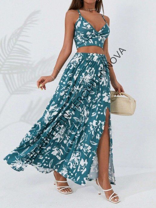 Kadın Ince Askılı çiçek Baskı Desenli Crop Yırtmaçlı Etek Ikili Süprem Takım